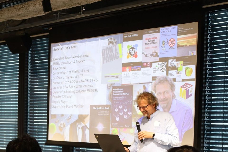 A slide introducing Tim Weilkiens alongside the talk in progress